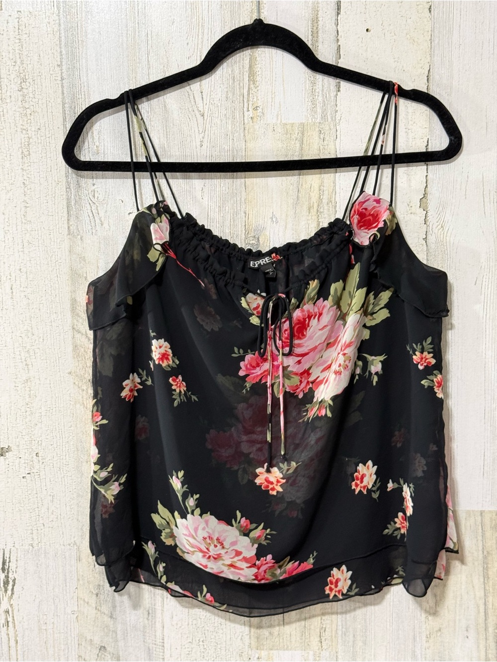 Express Black Floral Cold-Shoulder Cami with Pink Roses